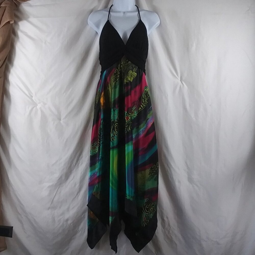 Speechless Women's Green /Pink Sleeveless Artsy Asymmetrical Midi Size L - Picture 2 of 10